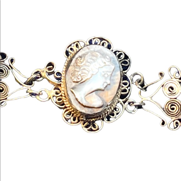 Antique Abalone Cameo Wire work Filagree Green Murano glass Italy Bracelet - Picture 6 of 10